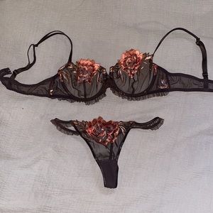 Simone Pérèle Brown Pink Floral Transparent Underwire Demi Bra Size 38B & panty